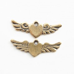 Breloque coeur & ailes bronze 23x8mm x 2pcs