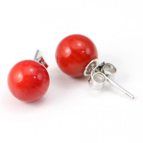 Earring : tinted red sea bamboo & silver 925 8.5mm x 2pcs