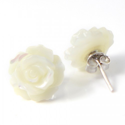 Boucles d'oreilles : nacre blanc en fleur & argent 925 12mm x 2pcs