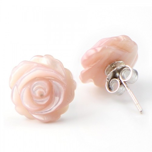 Silver earring 925 pink mother of pearl flower 12mm x 2pcs