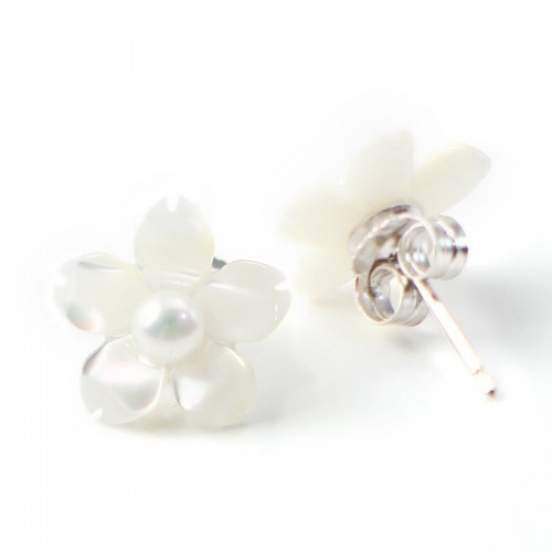 Earring silver 925 white shell flower 12mm x 2pcs 