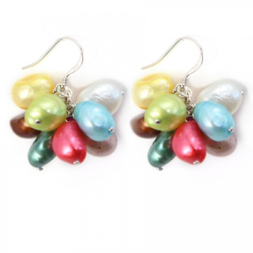 Freshwater pearl earrings multicolor cluster & silver 925 x 2pcs
