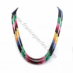 Halskette aus Saphir, Rubin & Smaragd, 3-reihig, facettierte Rondelle