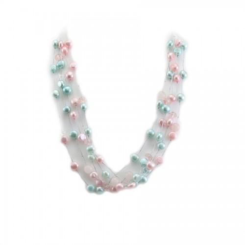 Collier perle de culture d'eau douce multicolore & quartz rose 5 rangs