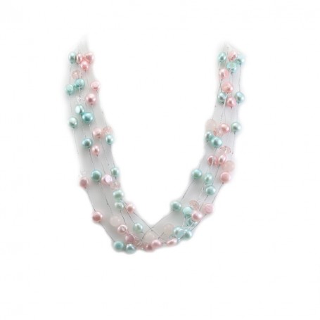 Collier perle de culture d'eau douce multicolore & Pink Quartz 5 rangs