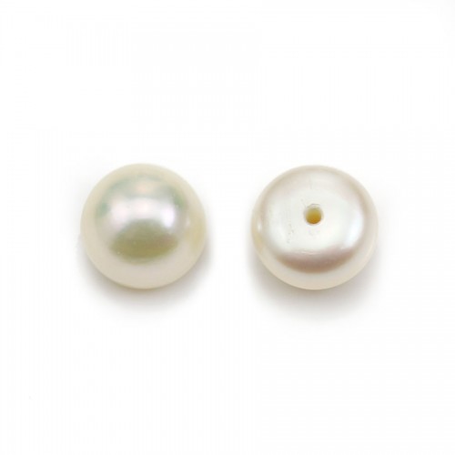 Perles d'eau douce blanche, semi-percée, de forme ronde plate, 7 - 7.5mm x 4pcs