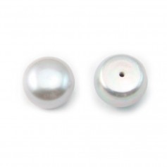Freshwater cultured pearl, half-perforated, silver, button, 10.5-11.5mm x 1pc