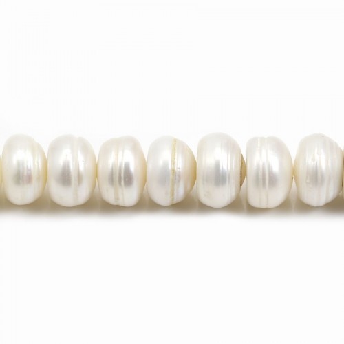 White flattened round freshwater pearls on thread 10.5-12mm x 40cm