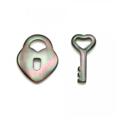 Graue Perlmutter in Form eines Vorhängeschlosses, 15x12mm, und Schlüssel, 14x7mm, Satz von 2Stk