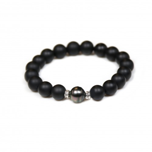 Matte black agate & Tahitian cultured pearl bracelet