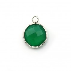 Faceted round shaped green agate set in silver 11mm x 1pc