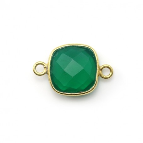 Agate verte coussin facetté 2 anneaux sertie sur argent 925 doré à l'or fin 11mm x 1pc