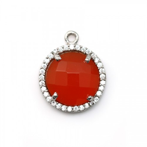 Faceted round carnelian set in silver 925 with zirconium 15mm x 1pc