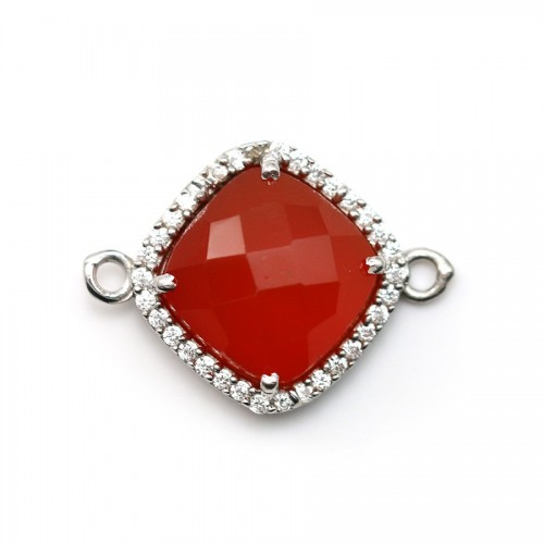 Faceted rhombus carnelian set in 925 silver with zirconium 15mm x 1pc