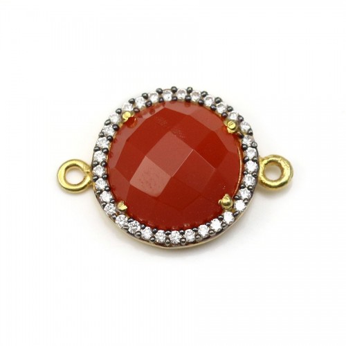 Faceted round carnelian set in gold-plated silver with zirconium 15mm x 1pc