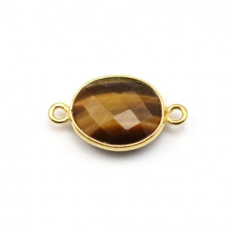 Oeil de tigre ovale, 11x13mm, 2 anneaux sertie sur argent 925 doré à l'or fin x 1pc
