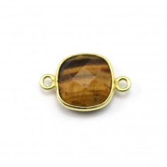 Oeil de tigre de forme carré, 2 anneaux, serti sur argent 925 doré à l'or fin, 11mm x 1pc