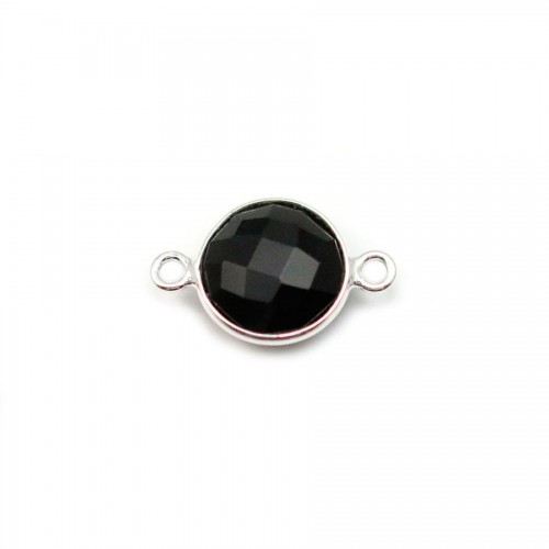 Agata negra forma redonda, 2 anillos engastados en plata 9mm x 1pc