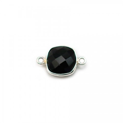 Ágata negra de forma cuadrada, 2 anillos engastados en plata, 9mm x 1pc
