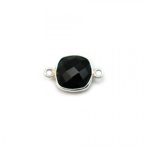 Agate noir de forme carré, 2 anneaux serti en argent, 9mm x 1pc