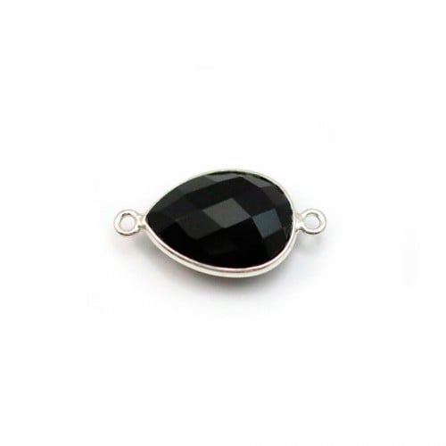 Agate noir en forme de goutte, 2 anneaux, sertie en argent , 11*15mm x 1pc