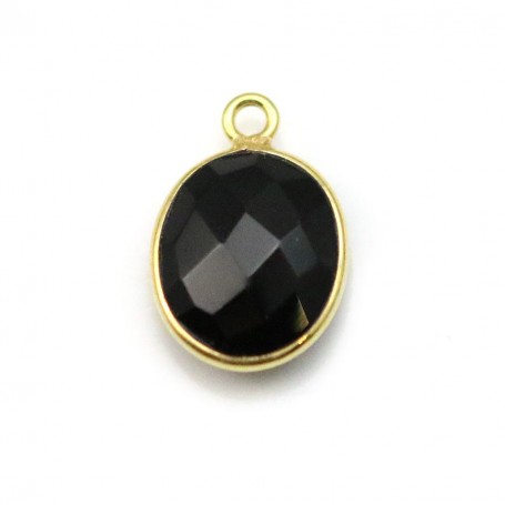 Agate noir de forme ovale, 1 anneau, sertie en argent doré, 11x13mm x 1pc