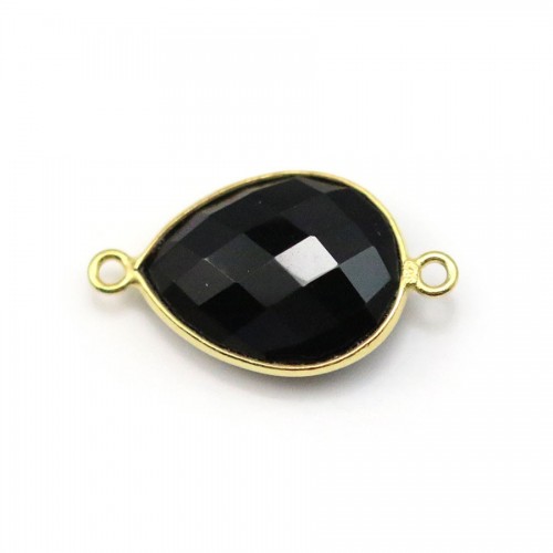 Agate noir en forme de goutte, 2 anneaux, sertie en argent doré, 13x17mm x 1pc