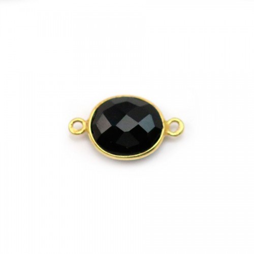 Agate noir de forme ovale, 2 anneaux, sertie en argent doré, 9*11mm x 1pc