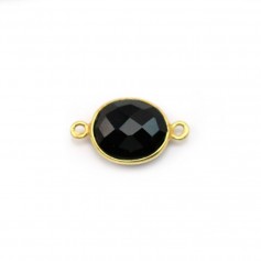 Ágata negra ovalada, 2 anillos, engastada en plata dorada, 9x11mm x 1pc
