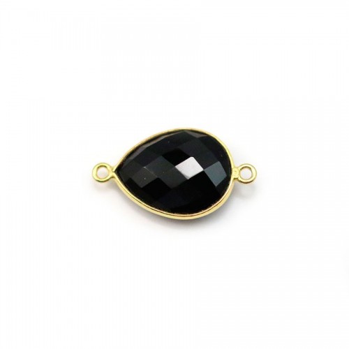 Agate noir en forme de goutte, 2 anneaux, sertie en argent doré, 11x15mm x 1pc