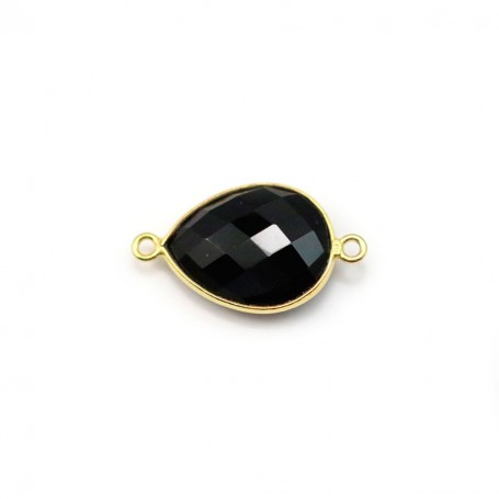 Agate noir en forme de goutte, 2 anneaux, sertie en argent 925 doré à l'or fin, 11x15mm x 1pc