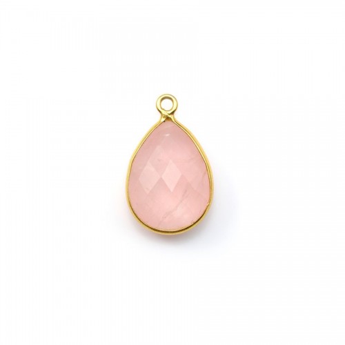 Facetada de gota de quartzo rosa sobre prata banhada a ouro com anel, 11x15mm x 1pc