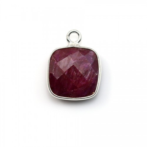 Faceted square color ruby gemstone set in sterling silver 11mm x 1pc