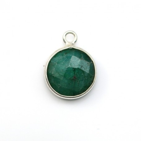 Faceted round treated emerald colored gemstone set in sterling silver 11mm x 1pc