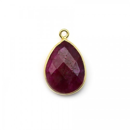 Gemstone treated ruby color set on silver gold faceted drop 13x17mm x 1pc