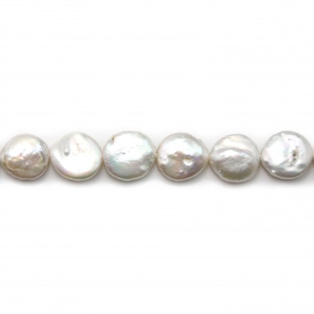 Perles de culture d'eau douce, blanche, ronde plate 12-14mm x40cm