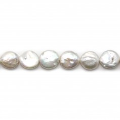 Perles de culture d'eau douce, blanche, ronde plate, 12-13mm x 38cm