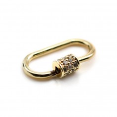 Screw-on oval clasp with zircons, 25x13mm, plated by "flash" gold on brass x 1pc