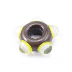 Brown glass bead with yellow & white round pattern in relief 17mm x 1pc