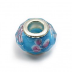 Perle Pandora en verre facette bleu & argenté 14mm x 1pc