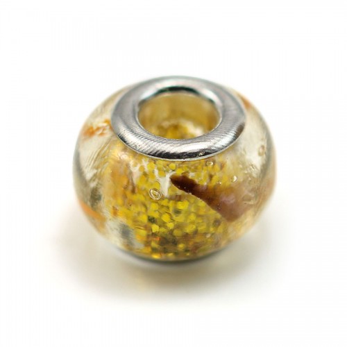 Cuenta Pandora de vidrio con diseño de flor amarilla 14mm x 1pc