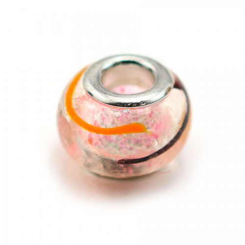 Pandora Glasperle, mit rosa Glitter und Muster 14mm x 1Stk