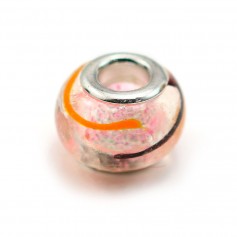 Perle Pandora en verre, avec paillettes rose et motif 14mm x 1pc