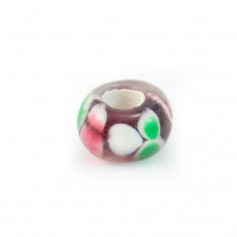Perle en verre marron, blanc, vert & rose 14mm x 1pc