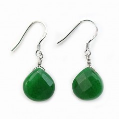 Earrings : jade tinted green flat teardrop & silver 925 rhodium 13.5x18.5mm x 2pcs