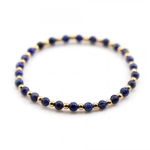 Bracelet lapis lazuli 4mm, avec perles dorées - Elastique x 1pc