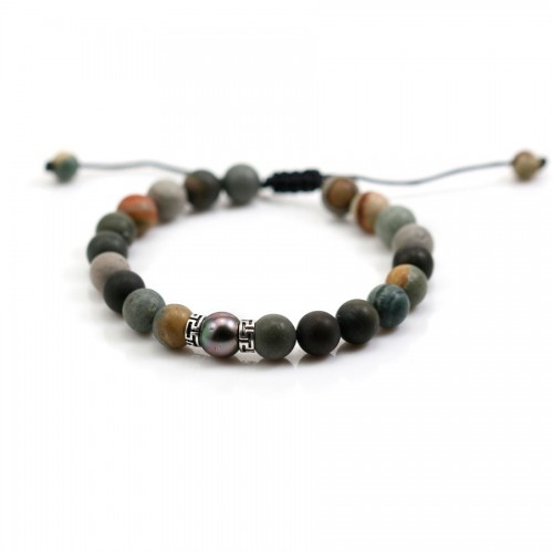 Tahitian cultured pearl & Jasper polychrome matte bracelet - Adjustable macramé x 1pc
