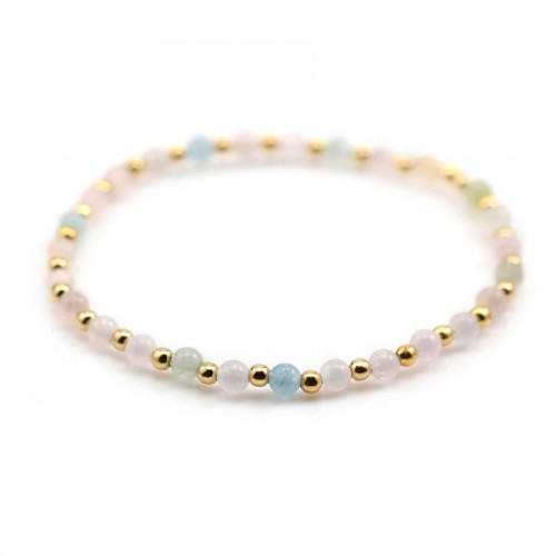 Bracelet aigue marine & morganite 4mm, avec perles dorées x 1pc