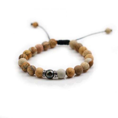Tahitian cultured pearl & Jasper matte landscape bracelet - Adjustable macramé x 1pc