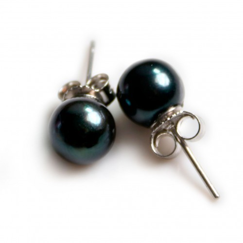 Boucles d'oreilles : perles de culture d'eau douce bleues foncées & argent 925 7-8mm x 2 st